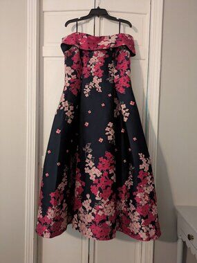 Adrianna Papell Floral Jacquard Off Shoulder Dress Navy Pink Size 16